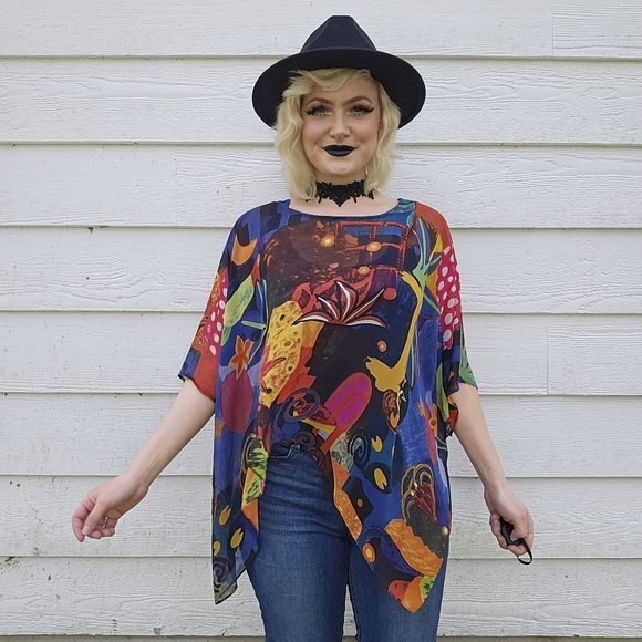 Chico's Rainbow Abstract Vintage Y2k Silk Flowy Top - Picture 6 of 11